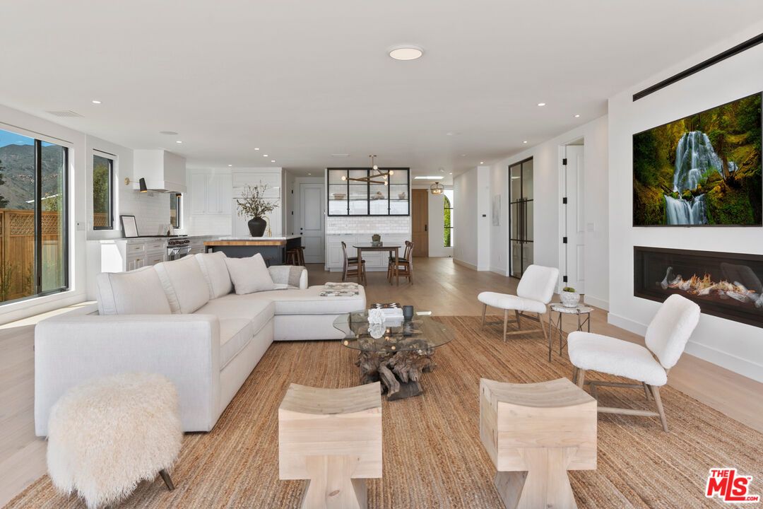 Dining room, Fireplace, Interior, Kitchen, Living room, Pendant Lights, Recessed Lighting, Wood Texture Flooring