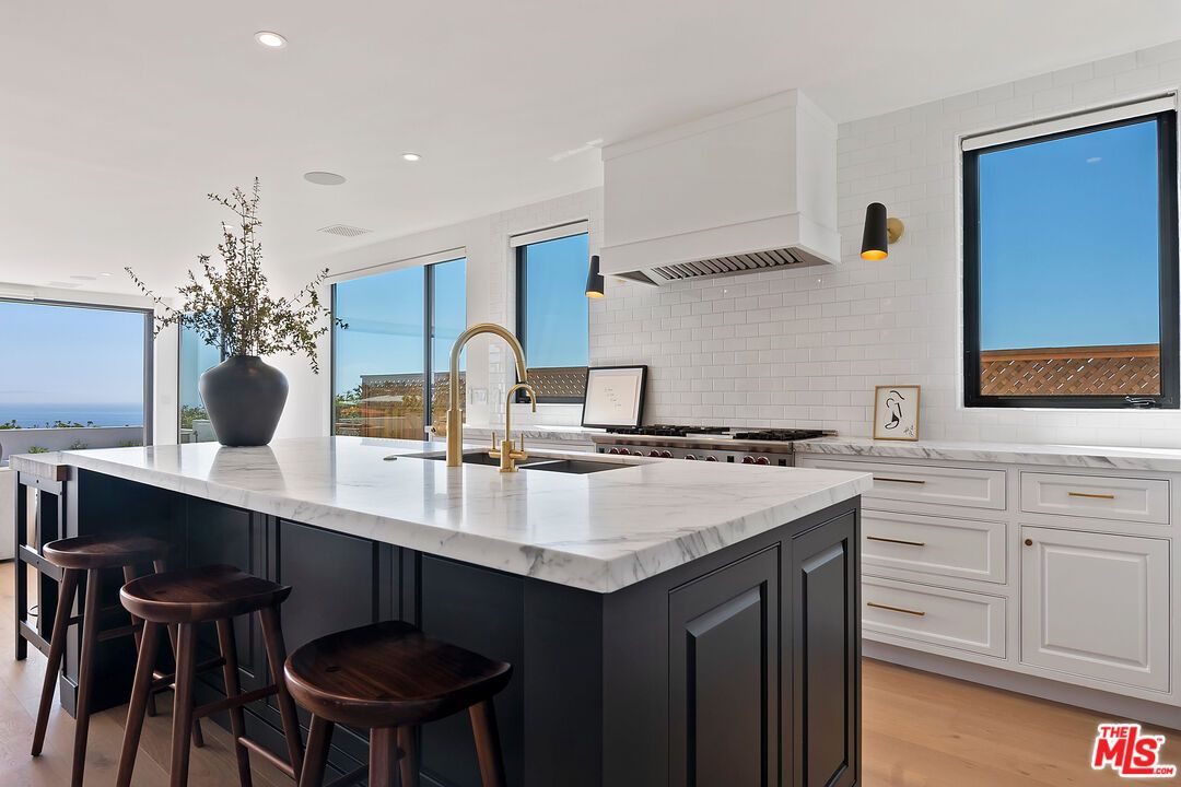 Interior, Kitchen, Recessed Lighting, Stainless Steel Appliances, Water, Wood Texture Flooring