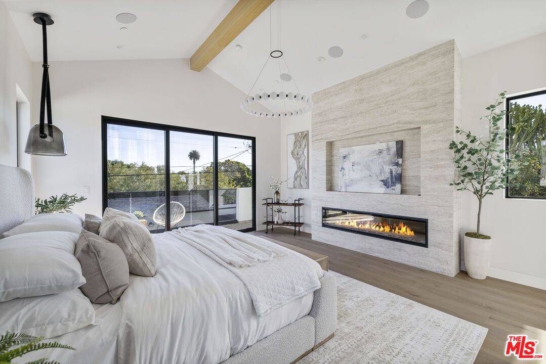 Bedroom, Fireplace, Interior, Pendant Lights, Recessed Lighting, Wooden Beams, Wood Texture Flooring
