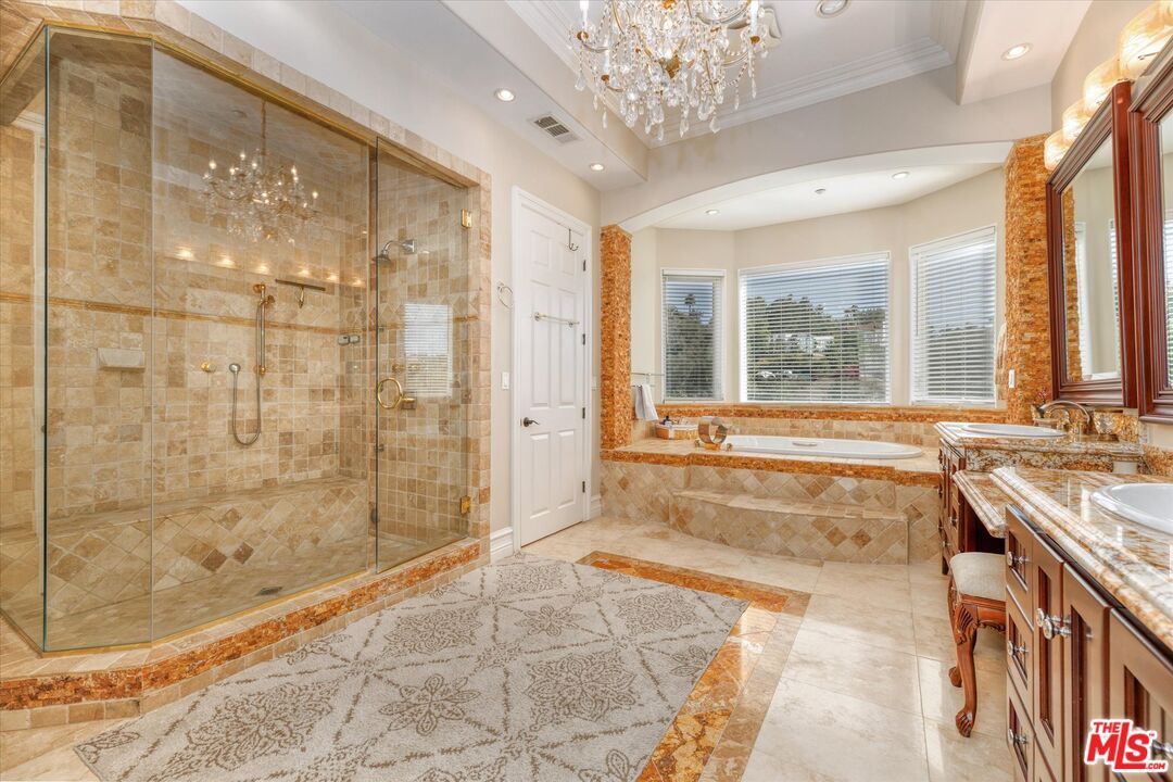 Bathroom, Chandelier, Glass Shower, Interior, Recessed Lighting
