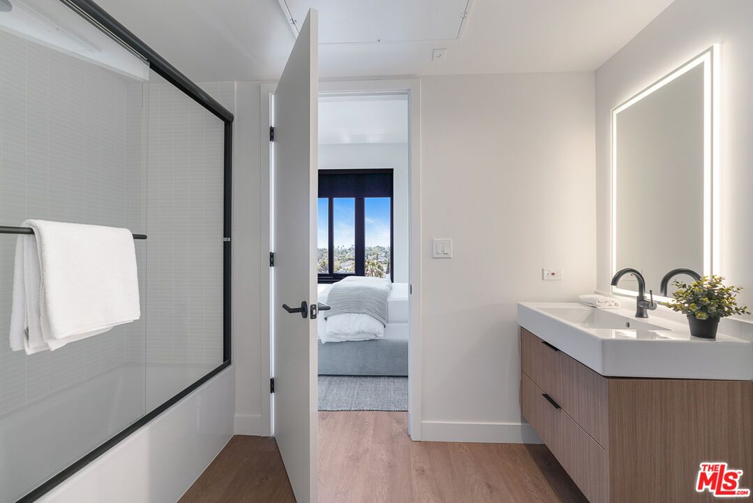 Bathroom, Glass Shower, Interior, Wood Texture Flooring