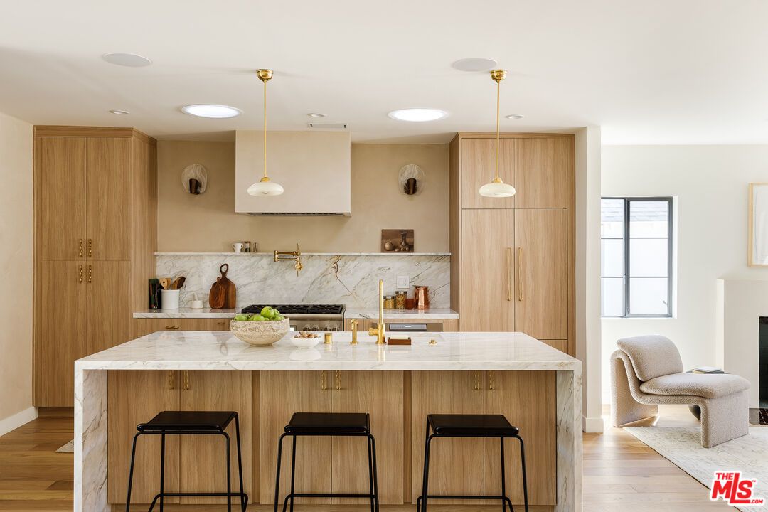 Interior, Kitchen, Marble Walls, Pendant Lights, Recessed Lighting, Wood Texture Flooring