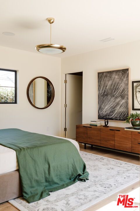Bedroom, Interior, Pendant Lights, Wood Texture Flooring