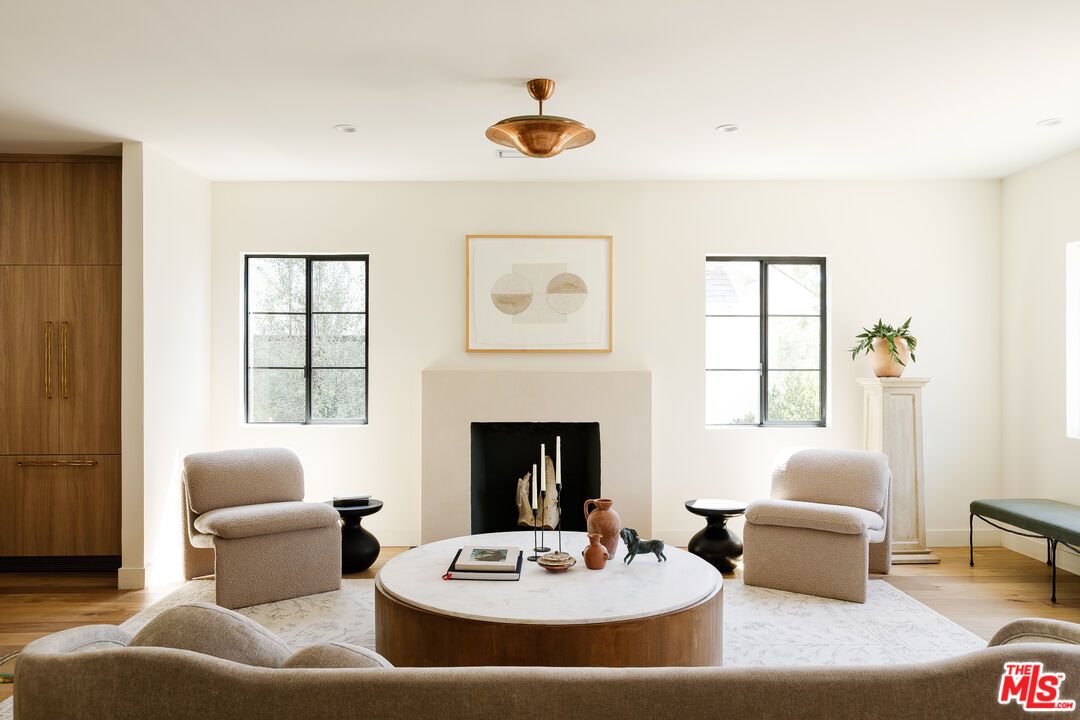 Fireplace, Interior, Living room, Recessed Lighting, Wood Texture Flooring