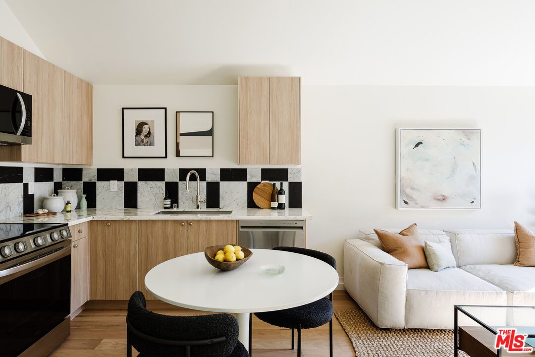 Interior, Kitchen, Living room, Stainless Steel Appliances, Wood Texture Flooring