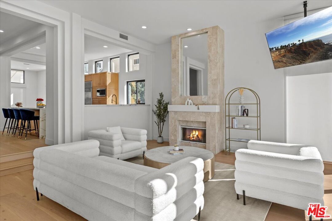 Dining room, Fireplace, Interior, Kitchen, Living room, Recessed Lighting, Wood Texture Flooring