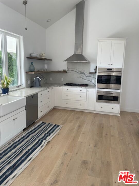 Interior, Kitchen, Marble Walls, Stainless Steel Appliances, Wood Texture Flooring