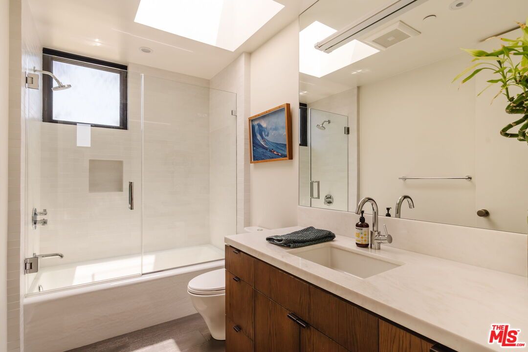Bathroom, Glass Shower, Interior, Recessed Lighting, Wood Texture Flooring