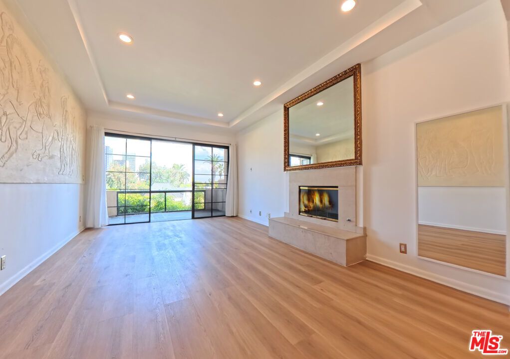 Empty room, Fireplace, Interior, Recessed Lighting, Wood Texture Flooring