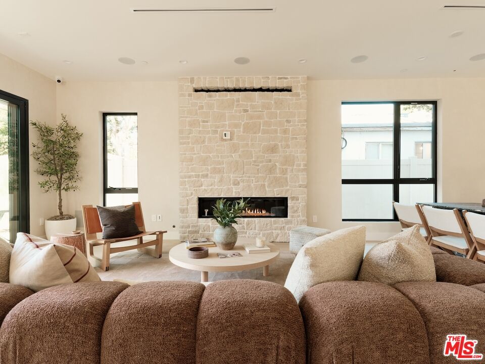 Fireplace, Interior, Living room, Recessed Lighting, Stone Walls