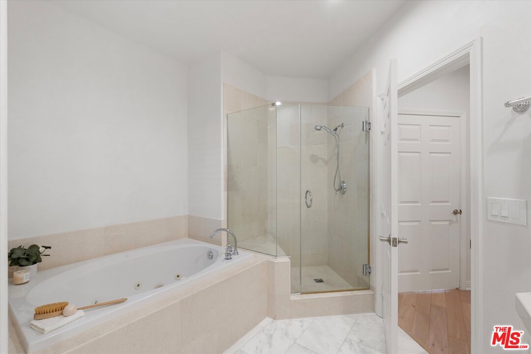 Bathroom, Glass Shower, Interior, Marble, Wood Texture Flooring