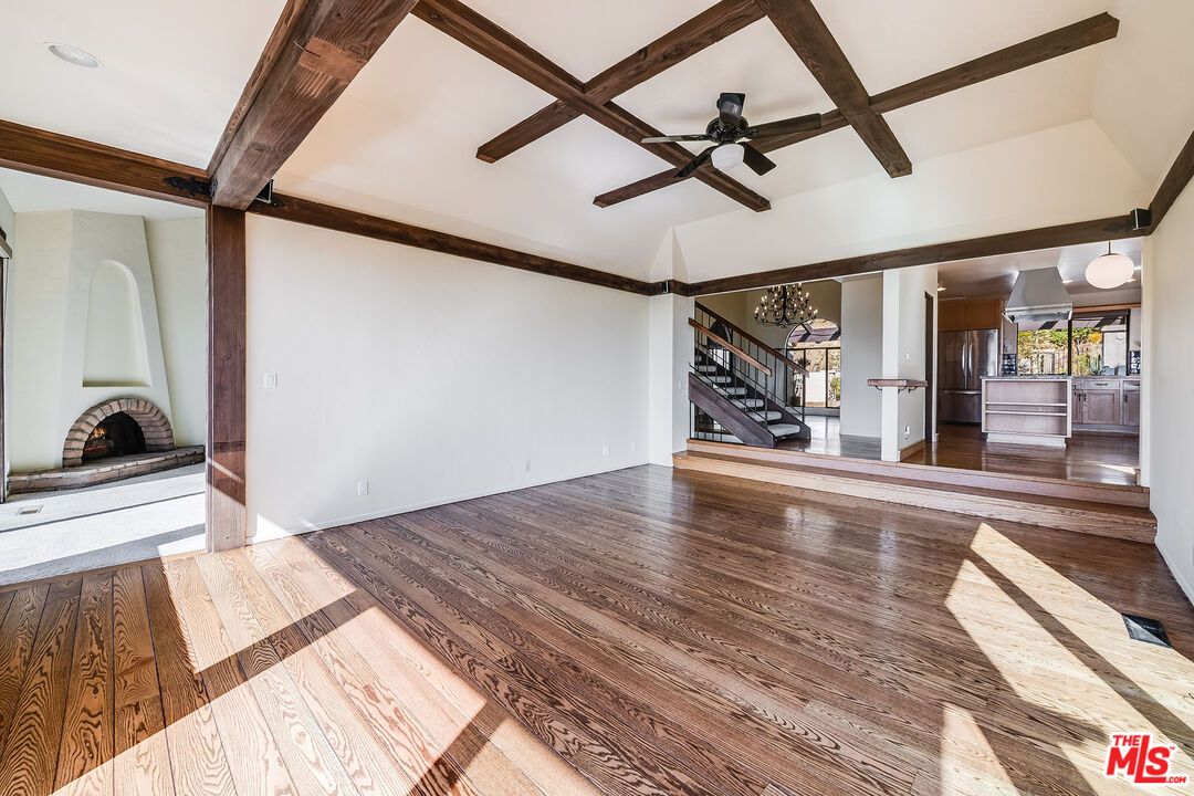 Empty room, Fireplace, Interior, Wooden Beams, Wood Texture Flooring