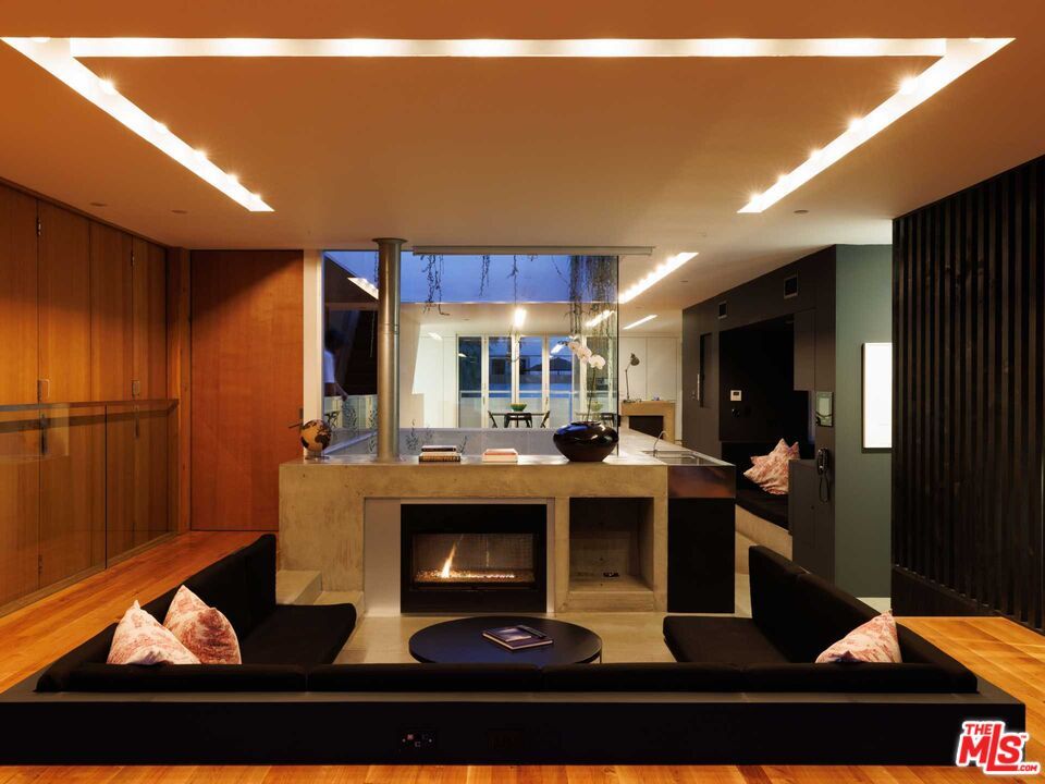 Fireplace, Interior, Living room, Recessed Lighting, Wood Texture Flooring