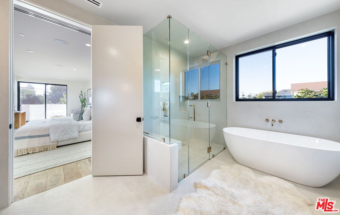 Bathroom, Bedroom, Free Standing Baths, Glass Shower, Interior, Recessed Lighting, Wood Texture Flooring