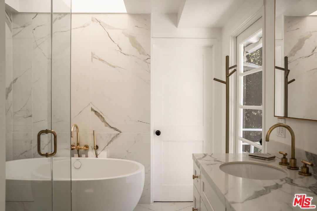 Bathroom, Free Standing Baths, Glass Shower, Interior, Marble, Marble Walls