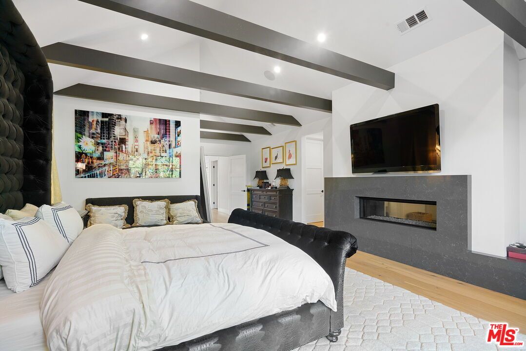 Bedroom, Fireplace, Interior, Recessed Lighting, Wooden Beams, Wood Texture Flooring