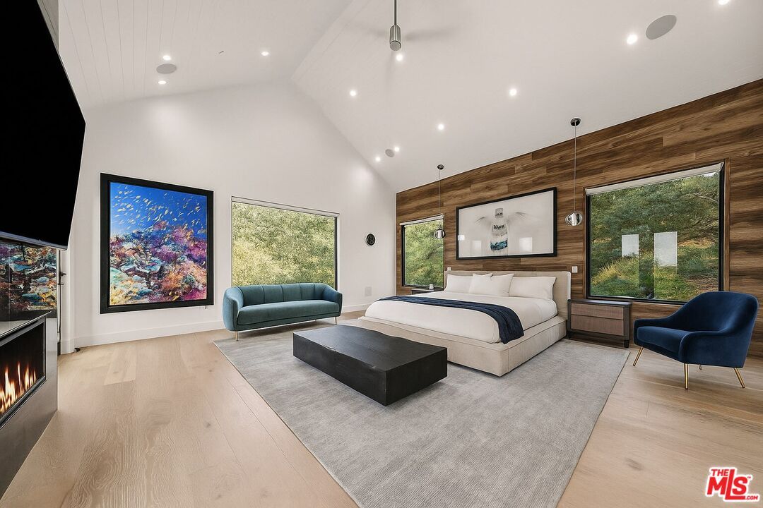 Bedroom, Fireplace, Interior, Pendant Lights, Recessed Lighting, Wood Texture Flooring, Wooden Walls