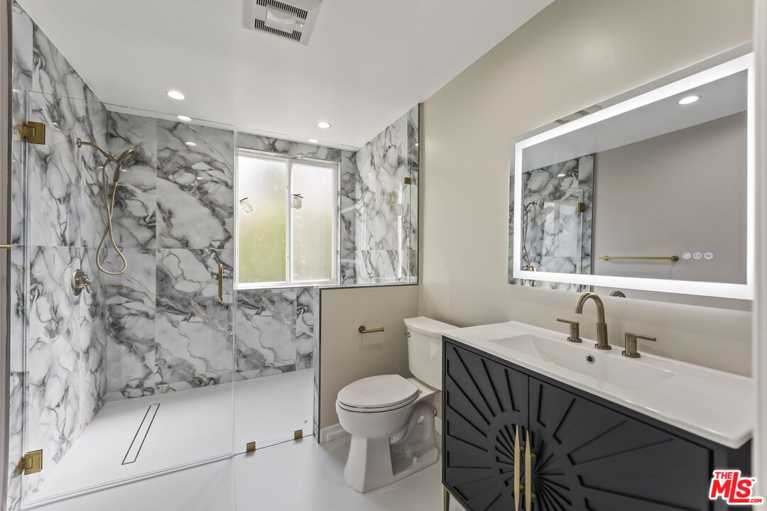 Bathroom, Glass Shower, Interior, Marble Walls, Recessed Lighting