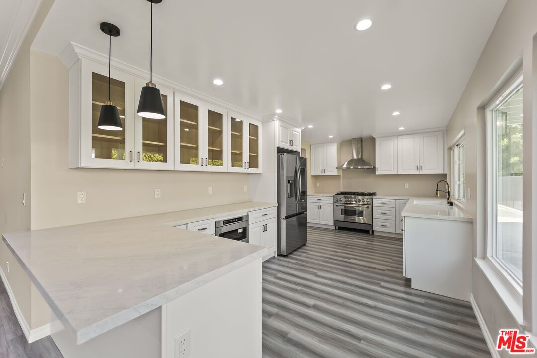 Interior, Kitchen, Pendant Lights, Recessed Lighting, Stainless Steel Appliances, Wood Texture Flooring