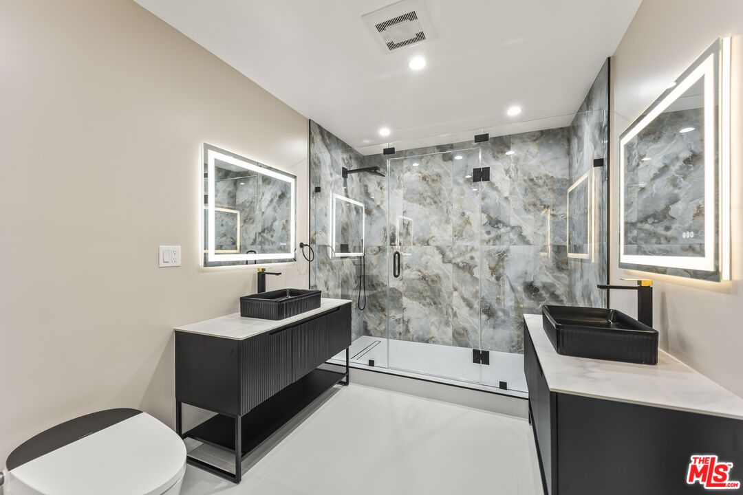 Bathroom, Glass Shower, Interior, Marble Walls, Recessed Lighting