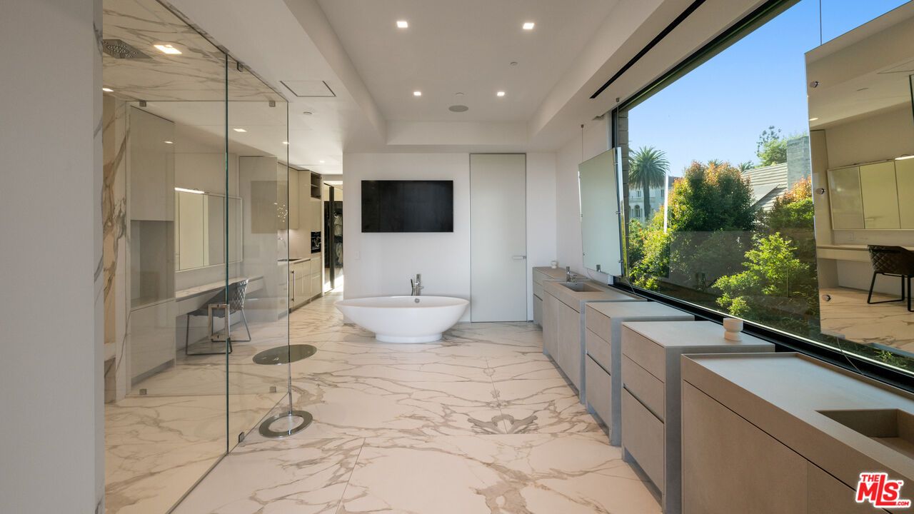 Bathroom, Dual Sink Vanities, Free Standing Baths, Glass Shower, Interior, Marble, Marble Walls, Recessed Lighting
