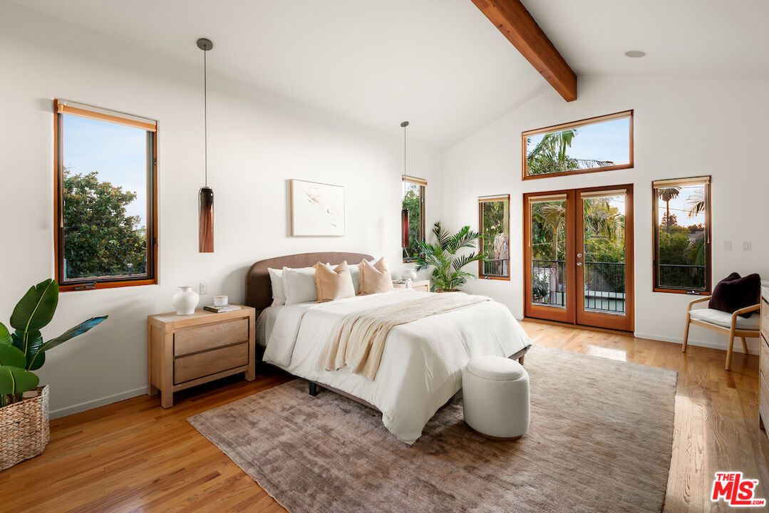 Bedroom, Interior, Pendant Lights, Wooden Beams, Wood Texture Flooring