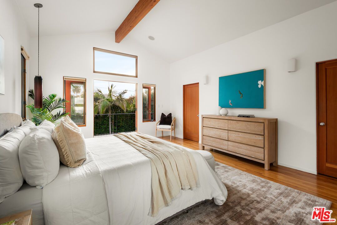 Bedroom, Interior, Pendant Lights, Wooden Beams, Wood Texture Flooring