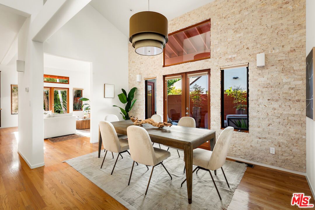 Dining room, Interior, Pendant Lights, Stone Walls, Wood Texture Flooring