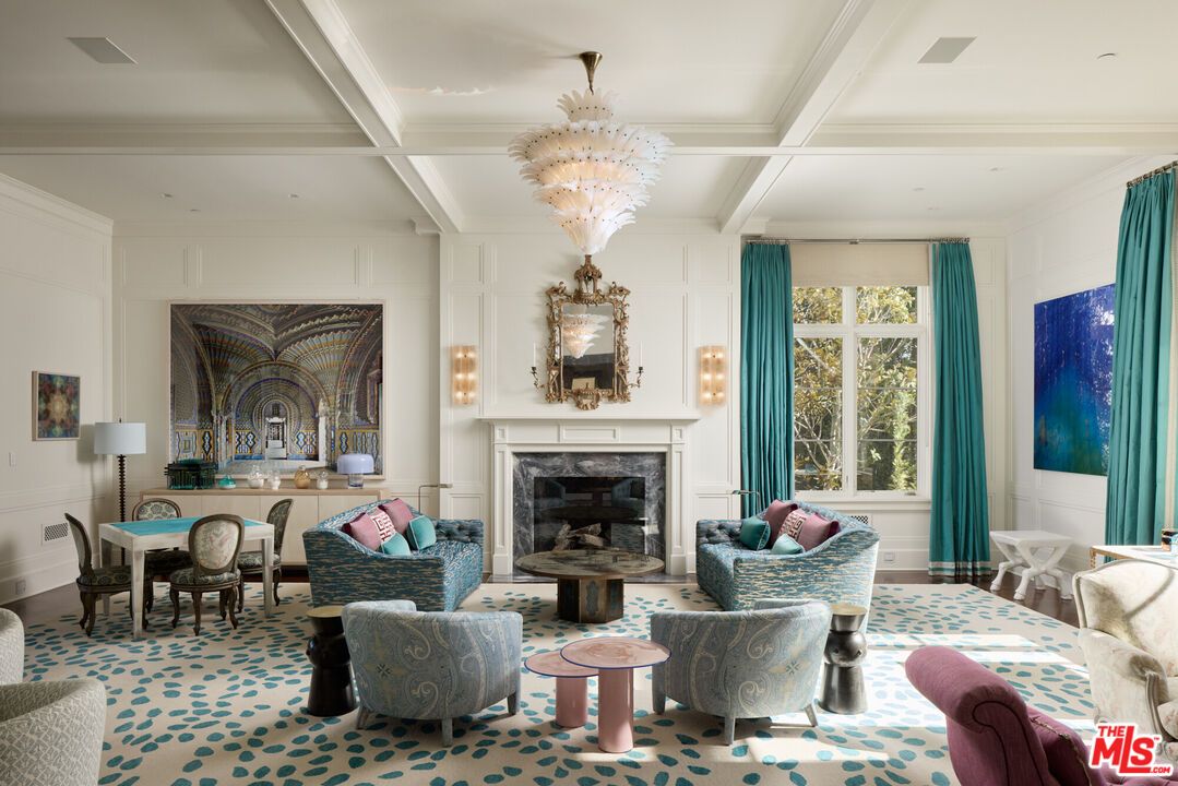 Chandelier, Dining room, Fireplace, Interior, Living room, Recessed Lighting