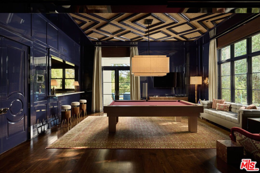 Billiard Table, Game Room, Interior, Pendant Lights, Wood Texture Flooring