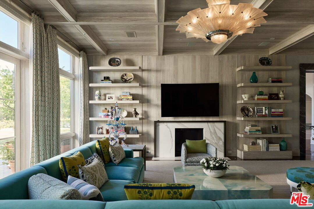 Chandelier, Fireplace, Interior, Living room, Wooden Ceilings