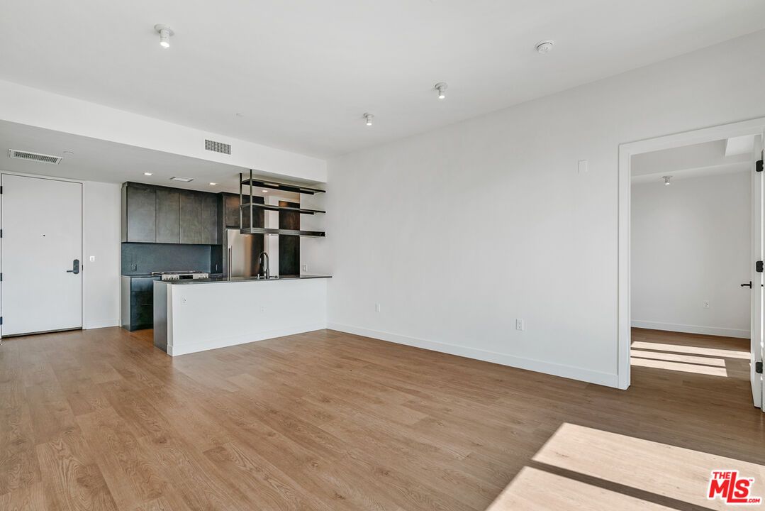 Empty room, Interior, Kitchen, Recessed Lighting, Wood Texture Flooring