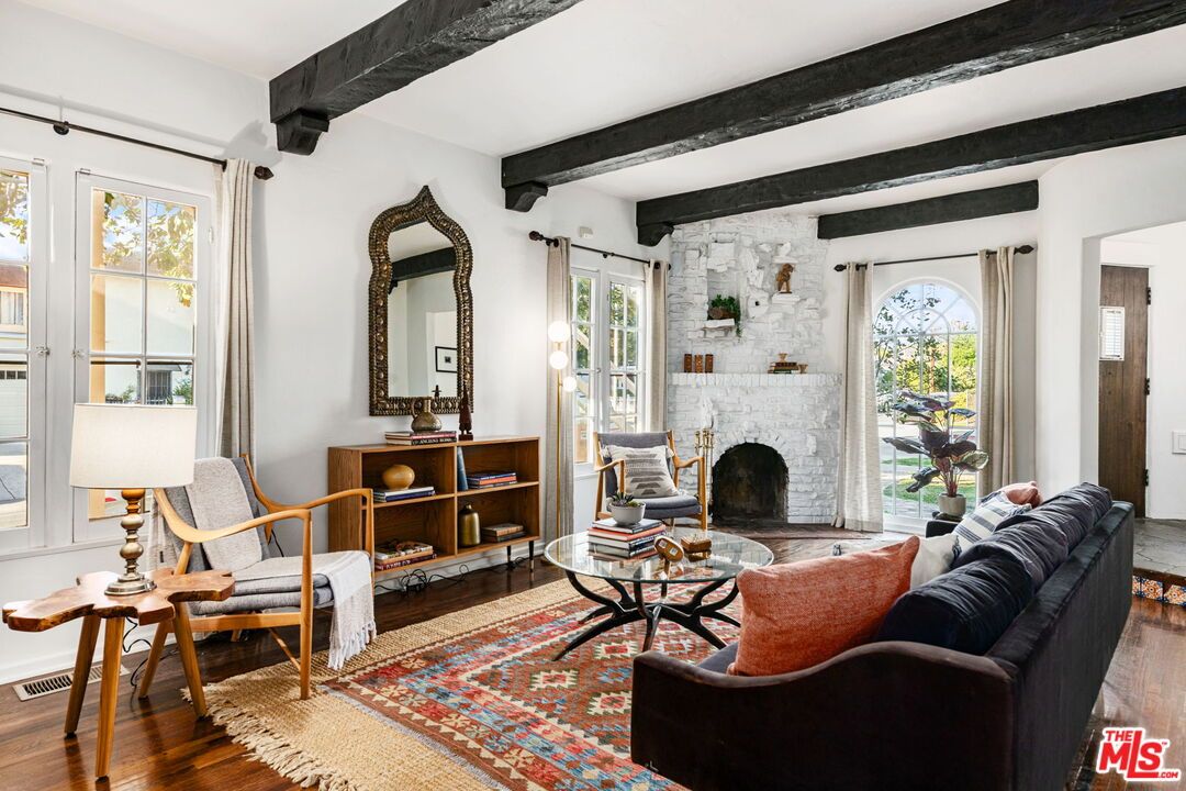 Fireplace, Interior, Living room, Stone Walls, Wooden Beams, Wood Texture Flooring