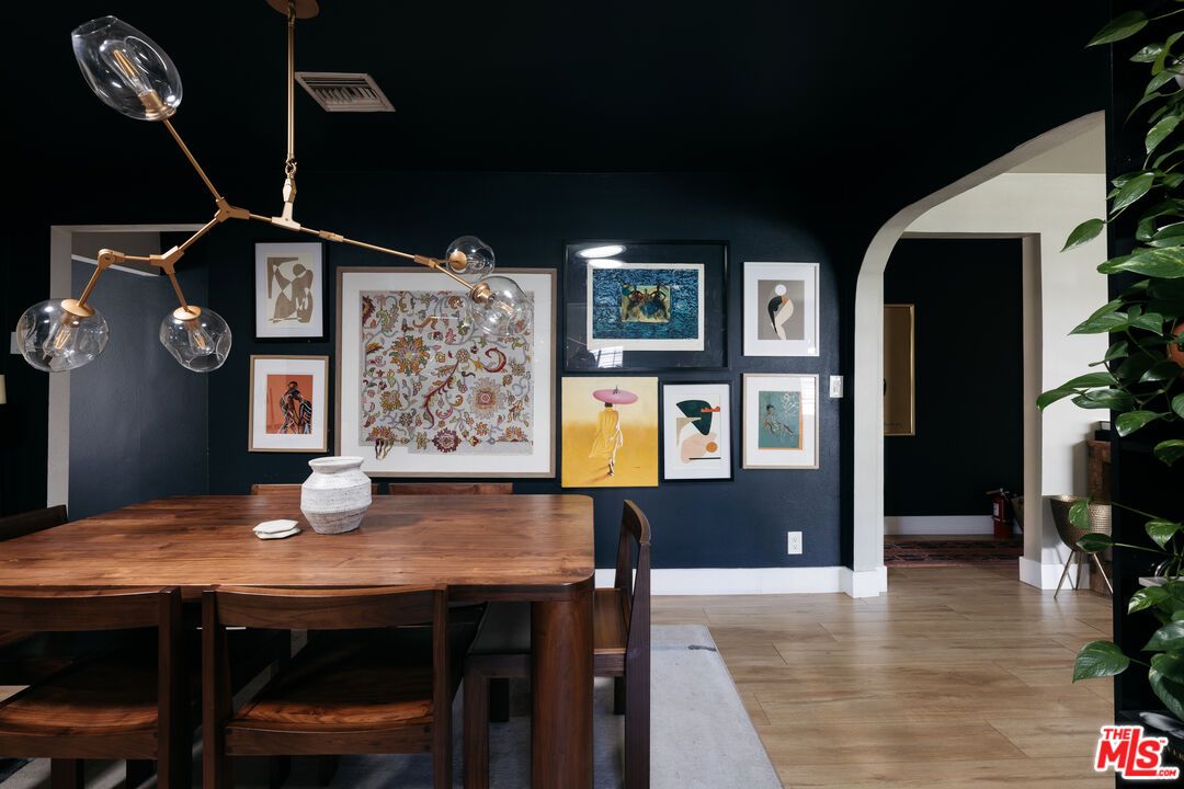Dining room, Interior, Pendant Lights, Wood Texture Flooring