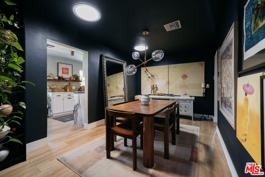Dining room, Interior, Pendant Lights, Recessed Lighting, Wood Texture Flooring