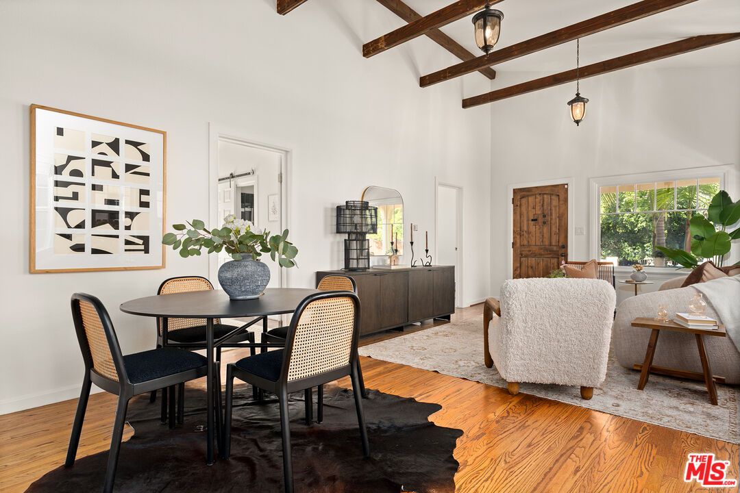 Dining room, Interior, Living room, Pendant Lights, Wooden Beams, Wood Texture Flooring