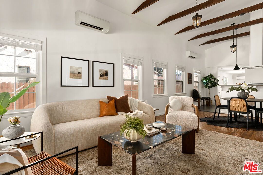 Dining room, Interior, Living room, Pendant Lights, Wooden Beams, Wood Texture Flooring