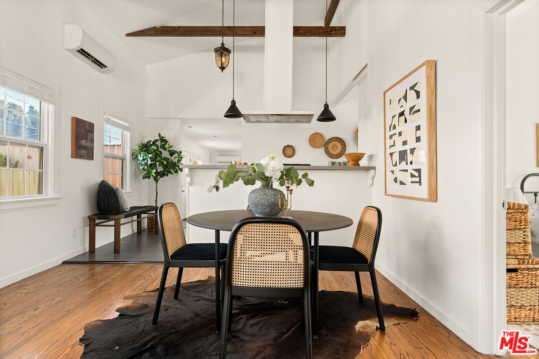 Dining room, Interior, Pendant Lights, Wooden Beams, Wood Texture Flooring
