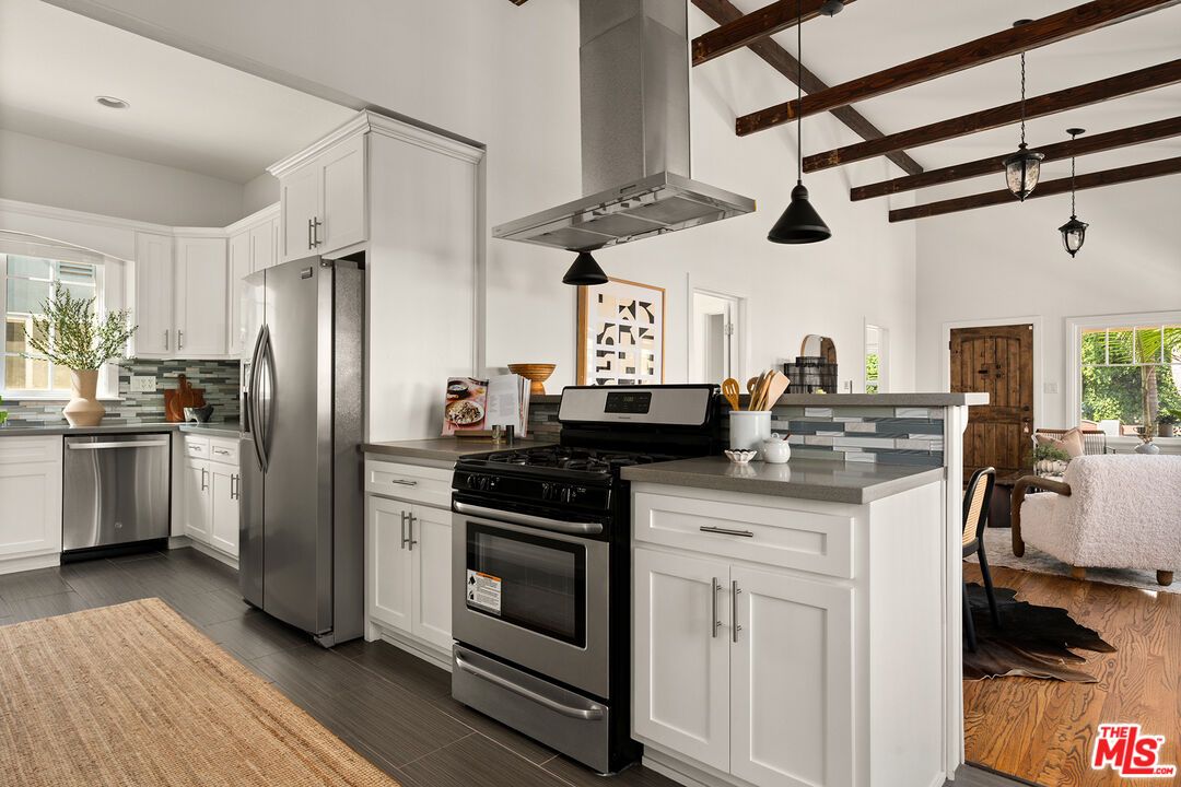 Interior, Kitchen, Pendant Lights, Recessed Lighting, Stainless Steel Appliances, Wooden Beams, Wood Texture Flooring