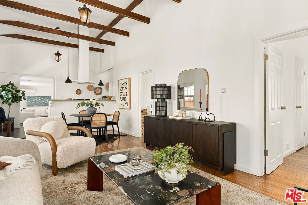Dining room, Interior, Living room, Pendant Lights, Wooden Beams, Wood Texture Flooring