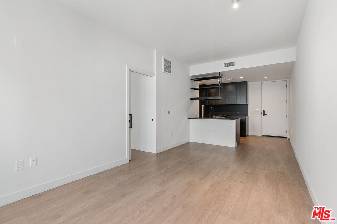 Empty room, Interior, Kitchen, Recessed Lighting, Wood Texture Flooring
