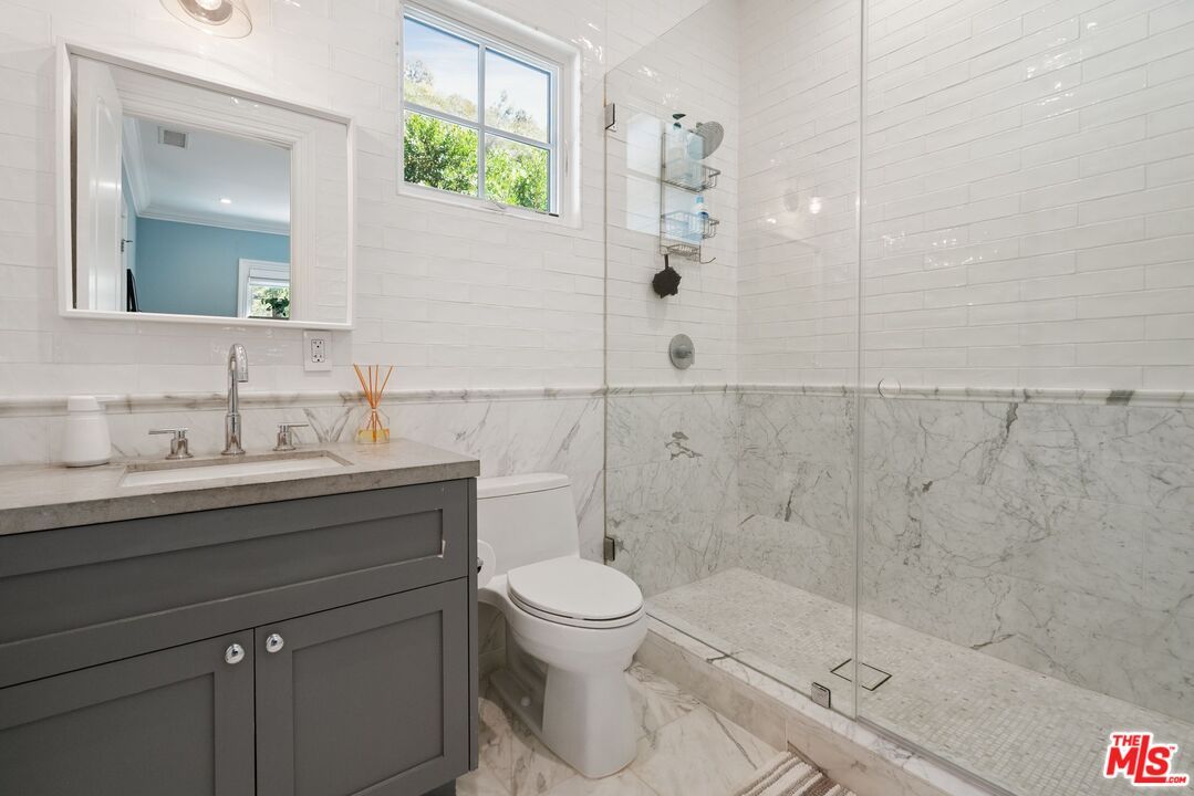 Bathroom, Glass Shower, Interior, Marble, Marble Walls, Recessed Lighting