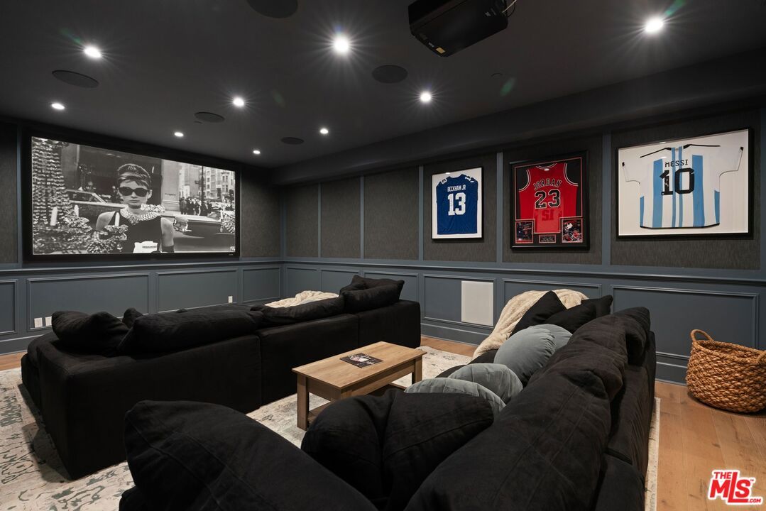 Interior, Projection Screen, Recessed Lighting, Theatre Room, Wood Texture Flooring