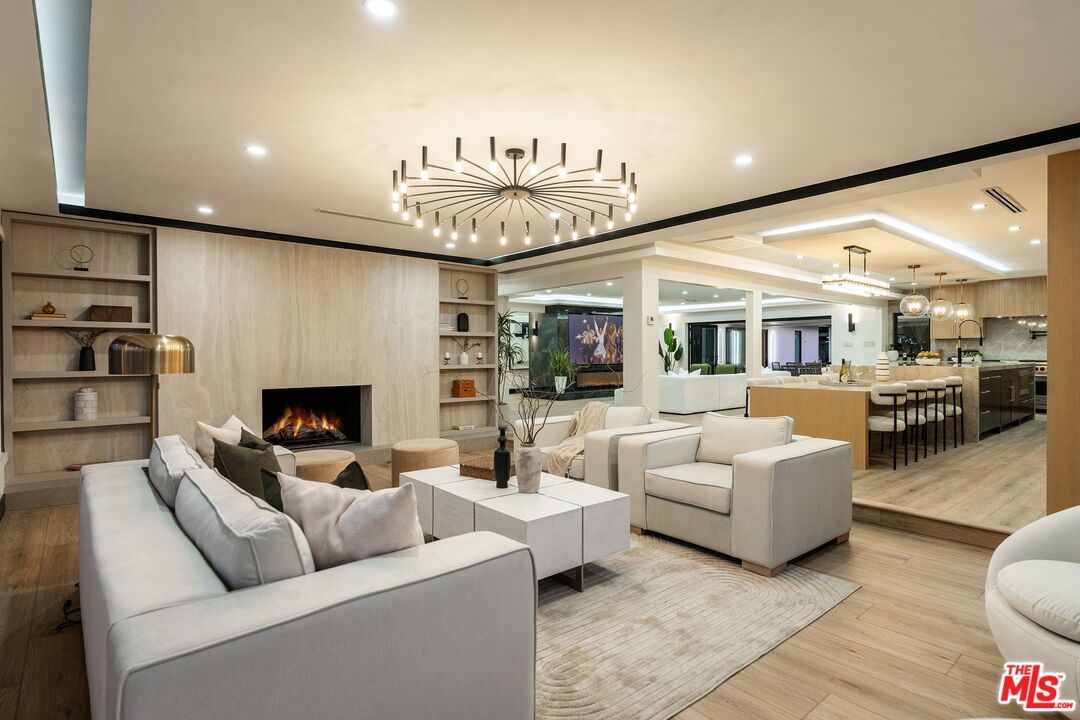 Dining room, Fireplace, Interior, Kitchen, Living room, Pendant Lights, Recessed Lighting, Wood Texture Flooring