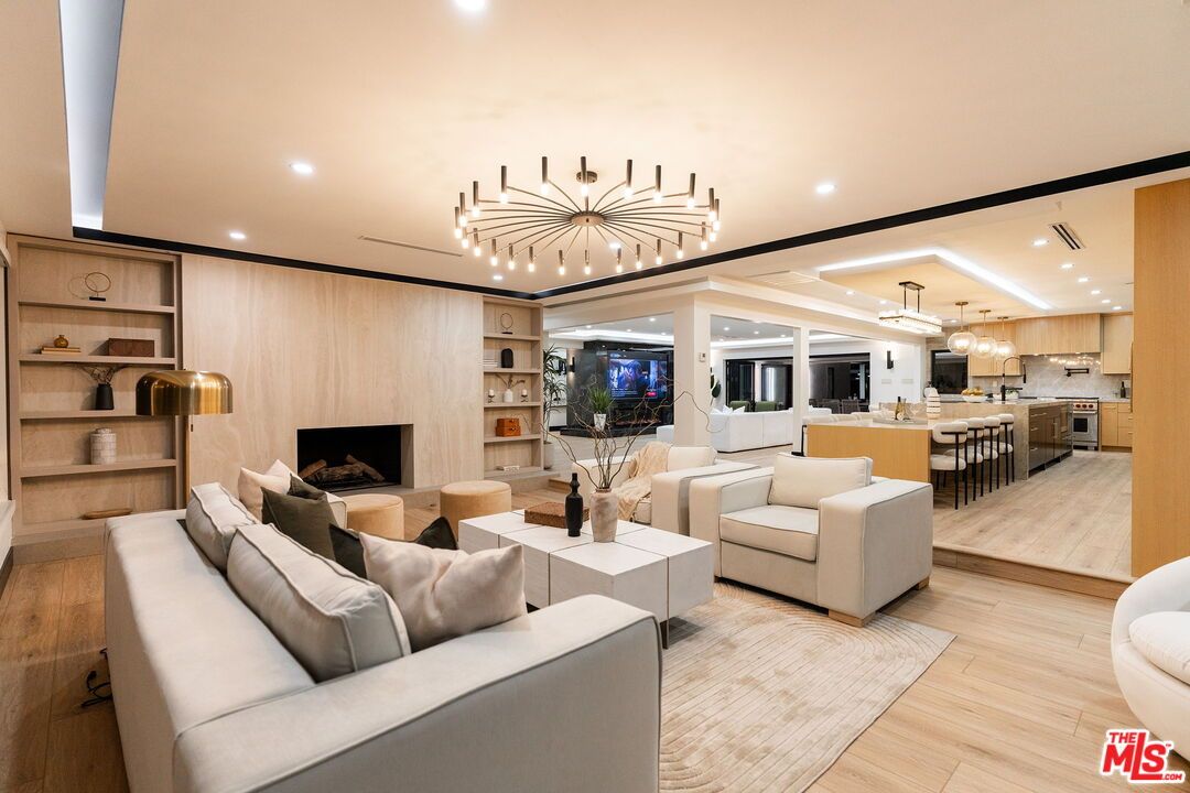 Fireplace, Interior, Kitchen, Living room, Pendant Lights, Recessed Lighting, Wood Texture Flooring