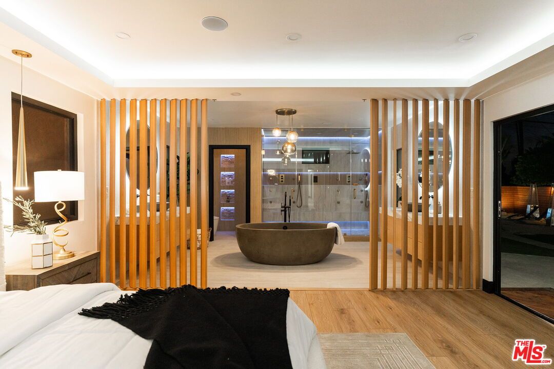 Bathroom, Bedroom, Glass Shower, Interior, Pendant Lights, Recessed Lighting, Wood Texture Flooring