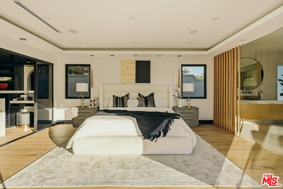 Bedroom, Interior, Recessed Lighting, Wood Texture Flooring