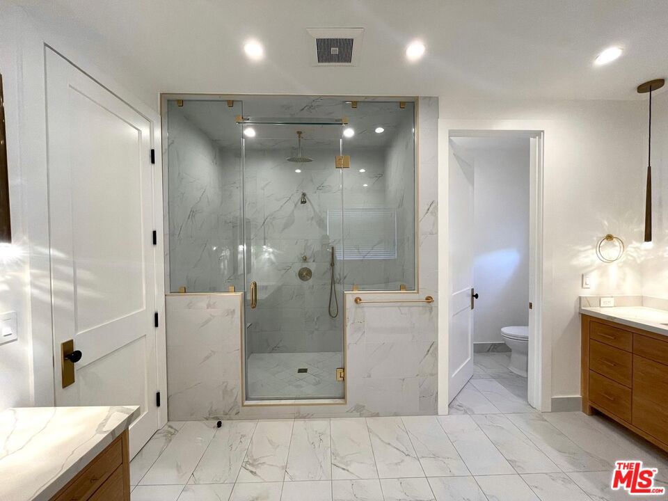 Bathroom, Glass Shower, Interior, Marble, Marble Walls, Recessed Lighting