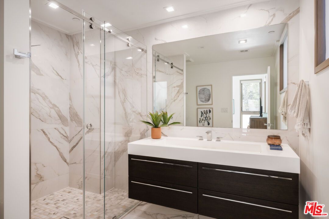 Bathroom, Glass Shower, Interior, Marble, Marble Walls, Recessed Lighting