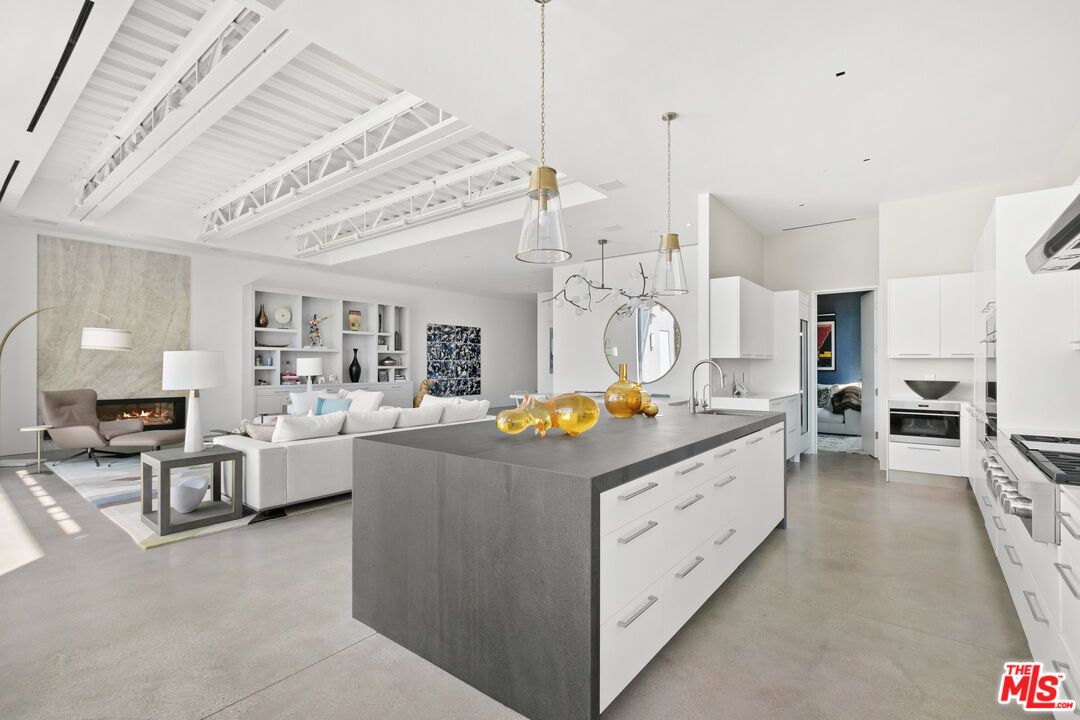 Fireplace, Interior, Kitchen, Living room, Pendant Lights